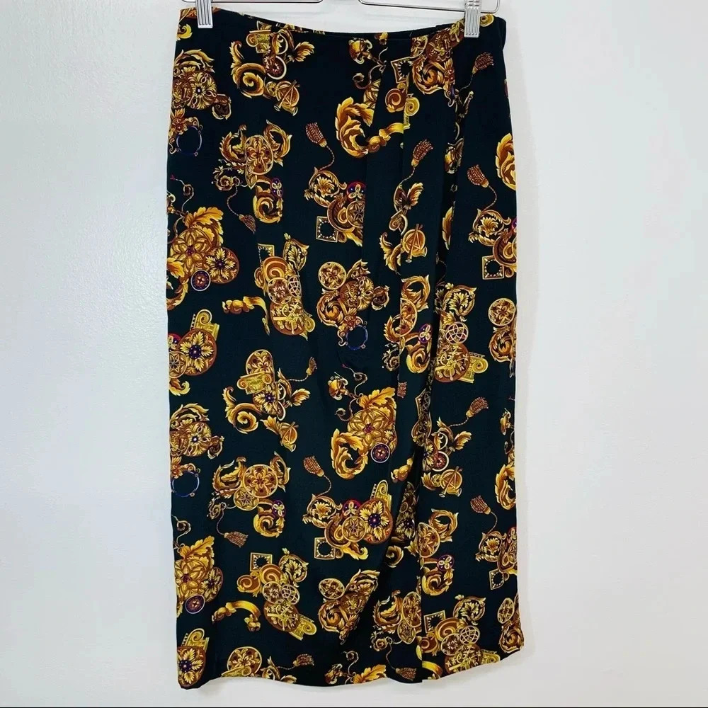 CK Midi Skirt 12 Faux Wrap Black Gold Floral Print Classic Whimsy Goth Office//